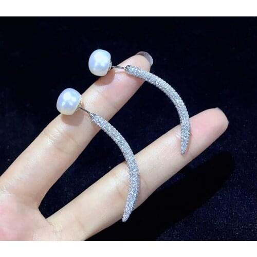 Natural fresh water pearl earring 925 sterling silver with cubic zircon unique style front and back fine women jewelry