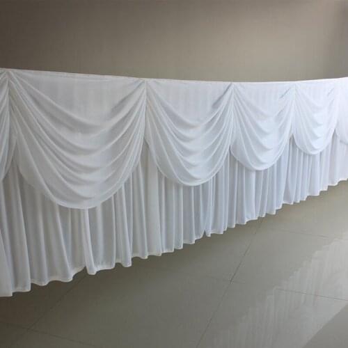 20ft (6M) Length White Ice Silk Solid Table Skirt with Swag for Wedding Decoration Event Party Table Skirting Cloth
