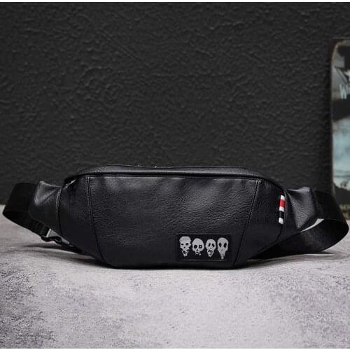 New Skull Mens Waist Bag Brand Fanny Pack Cowhide Chest Bag Men Black Belt Pack Banana Bags High Capacity Kidney Bag Shoulder