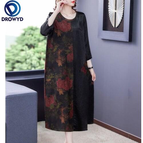 2021 Vintage Loose Floral Print Mulberry Silk Dress Summer O-neck Long-sleeve Chiffon Maxi Dress Elegant Bodycon Party Vestidos