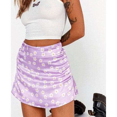 2021 Women Floral Print Purple Satin Skirt Lolita Pink Streetwear Short Skirts With Invisible Zipper Woman Clothing Summer