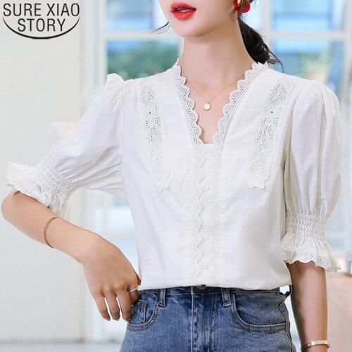 2021 Summer V-neck Lace White Blouse for Women 2021 Short Sleeve Shirts Casual Slim Solid Womens Tops and Blouses Blusas 10204