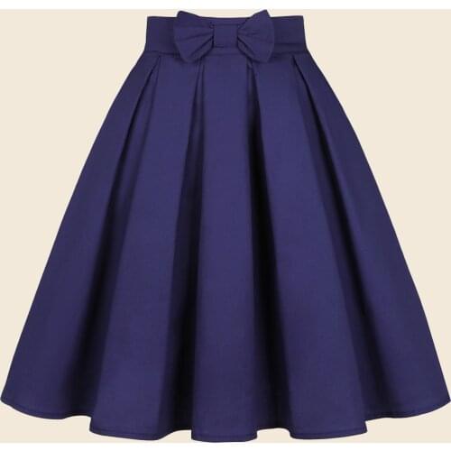 SISHION Cotton Women Bow Plus Size Navy Blue Skirt SS0012 Y2K 50s Vintage Hepburn Pleated Midi Skirts Jupe Femme