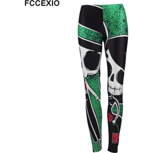 Happy Halloween Women High Waist Leggings Green Spooky Skull Pattern Printed Party Legins Slim Elastic Fitness Legging Trousers