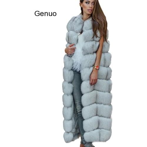Luxury 10 Steps Women X- Long Faux Fox Fur Vest Furry Soft Fur Jacket Plus Size Thick Warm Vintage Overcoat Street Outwear New