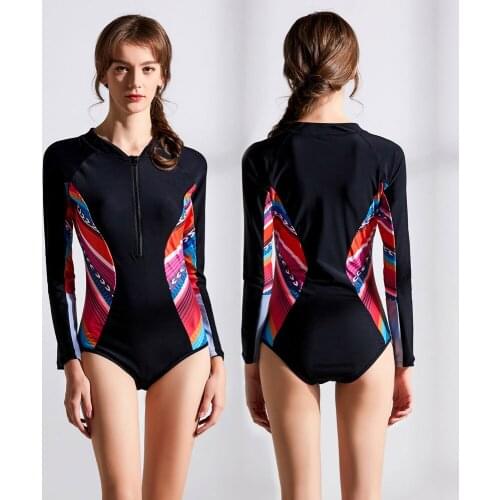 Womens Sport Long-Sleeve Zip Up Rash Guard Top UPF 50 Sun Protection Color Block Printed Active Swimwear Surfing Swimming Suit
