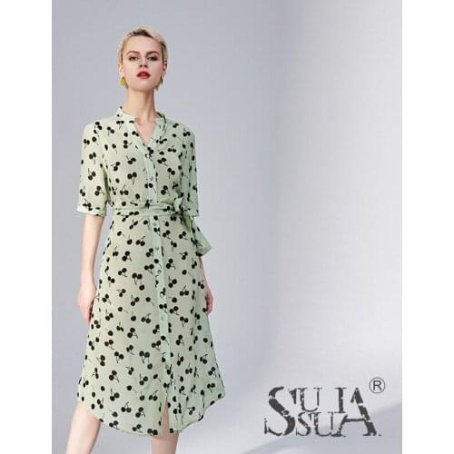 Green Print Black Cherry Floral Silk Shirt Dresses Women 2021 Summer Long Casual Sexy Office Work Daily Dress Plus Size Slim