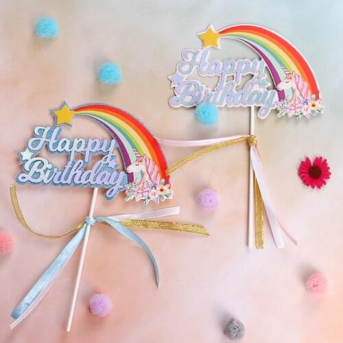 1PC Unicorn Cake Topper Cloud Rainbow Balloon Happy Birthday Banner Cake Decoration Boy Girl Kids Birthday