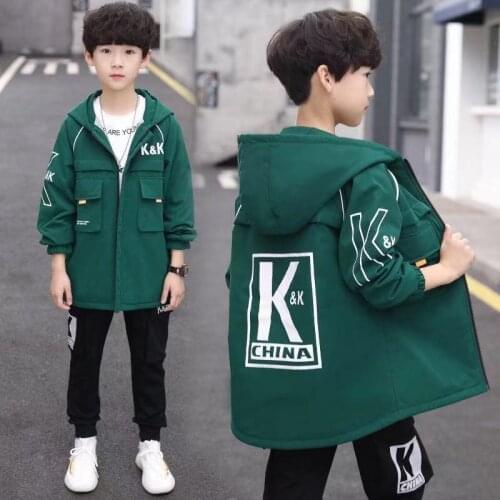 Childrens Long Windbreaker Jacket Clothing Mid-length Hooded Windbreaker Kids Teenager Tops Boys Spring Autumn Jacket 4-14 Year
