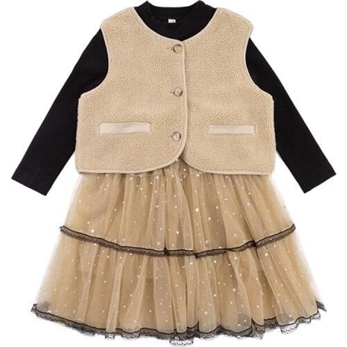 Kids 4-14 year two piece set little girls 2020 spring/autumn chiffon princess dress and warm thick fur waistcoat teenage clothes