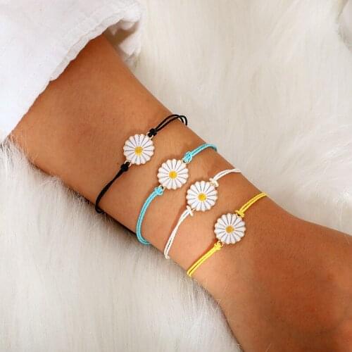 Docona Summer Boho Flower Daisy Rope Colorful Rope Adjustable Multi Layer Bracelet Set for Women Charm Party Jewelry 8053