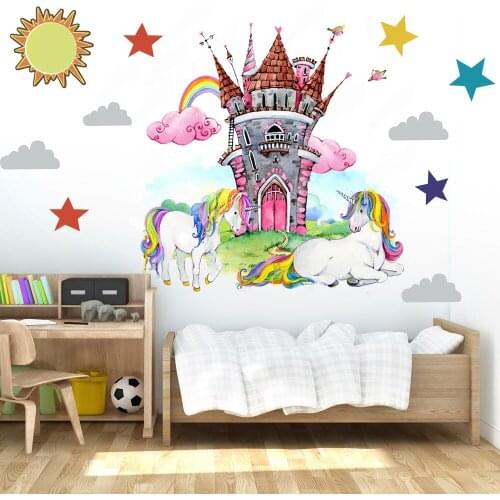 Two Sizes Of Unicorn Castle Creative Wall Stickers Living Room Bedroom Childrens Room Decorative Painting Wallpaper