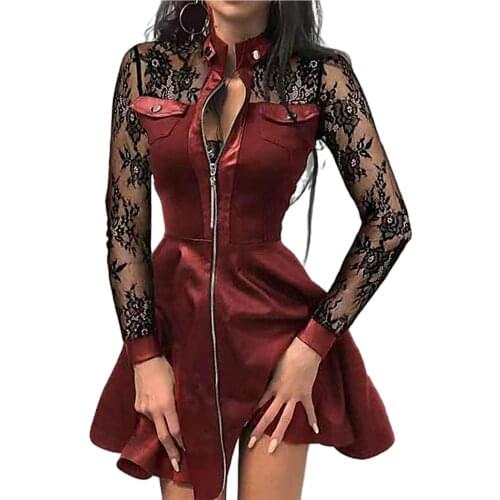 Elegant Dresses Women Sexy Clothing Lace Sheer Long Sleeve Buttons Zipper Patchwork Faux Leather Evening Party Mini Dress