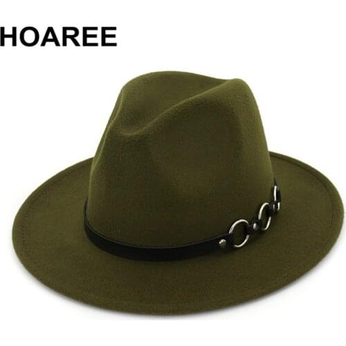 HOAREE Women Fedora Hat Woolen Army Green Panama Jazz Hat Ladies Wide Brim Tribby Hat Solid Autumn Female Vintage Felt Hats