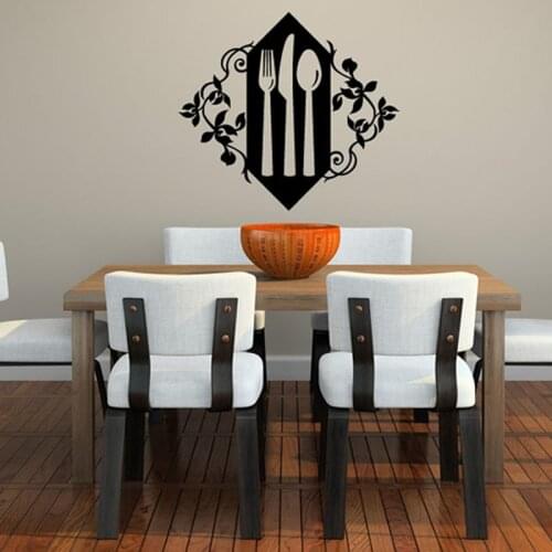 Knife Spoons Fork Kitchen Wall Stickers Beautiful Flower Pattern Design Wall Art Mural Removable Vinyl Home Decor