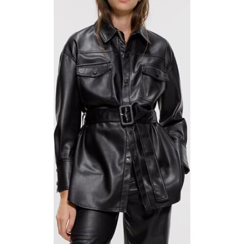 Trendy New Women Faux Leather Jacket Spring Autumn Turn Down Collar Pu Coat with Belt Slim Fit Medium Black Jackets Outwear
