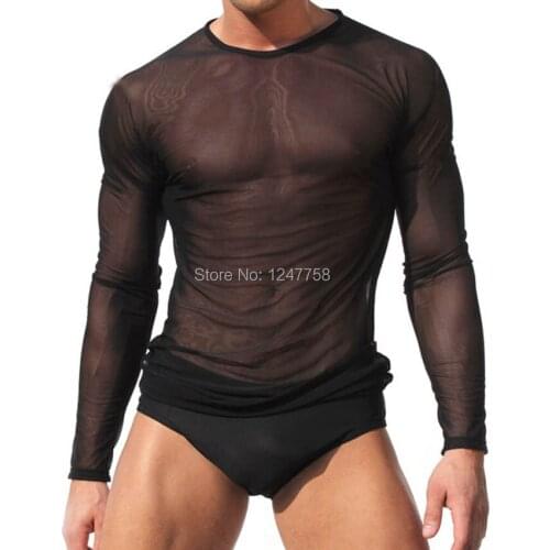 Mens Long Sleeve Shirts Sheer Mesh Men Shirt Gay Wear Tight See Through Robe Sleepwear Coat 2016 New arrival O neck shirts