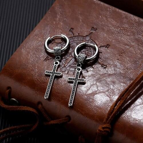 1Pair Mens Cross Pendant Hoop Earring Vintage Unisex Jesus Cross Metal Sliver Punk Hyperbole Earring Jewelry