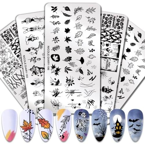 NICOLE DIARY Christmas Nail Stamping Plates Halloween Maple Leaves Image Stamp Templates Geometric Printing Stencil Tools