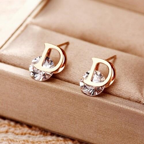 New Luxury Letter D Crystal Small Earrings For Women Stainless Steel Gold Color Delicate Stud Earring Brand Fashion Jewelry Gift