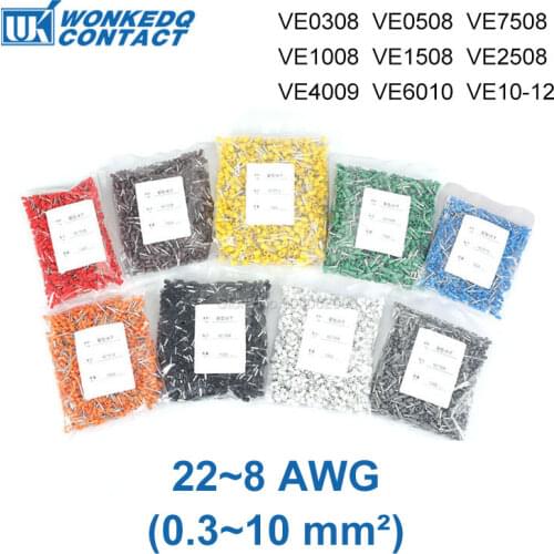 1000Pcs VE Ferrule 0508 7508 1008 1508 2508 4009 Insulated Cord Terminal Block Copper Wire Connector Electrical Crimp Terminator