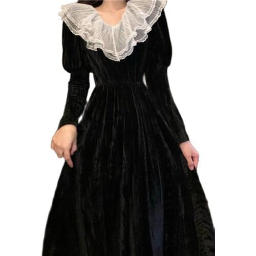 Autumn Spring Long Dress Women Vintage Black Evening Velvet Dress Elegant Long Sleeves High Waist Plus Size Harajuku Dresses