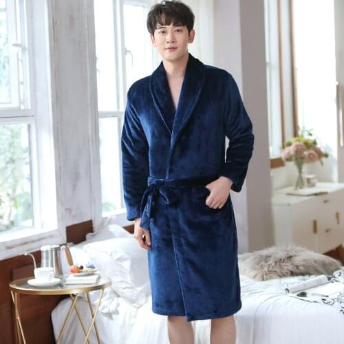 Autumn Winter Men Nightgown Kimono Bathrobe Gown Flannel Negligee V-neck Intimate Lingerie Blue Colour Robe Sleepwear Bath Robe