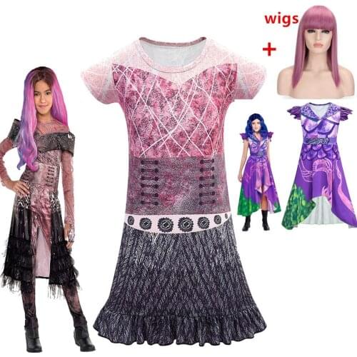 Descendants Evie&Mal Bertha Maleficent Long Live Evil Straight Purple kids girls Cosplay Wig+3D dress halloween costume for kids