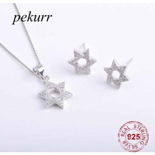 Pekurr 925 Sterling Silver Zircon Six-pointed Hollow Star Earrings Necklace Sets For Women Pendants Fashion Jewelry Sets