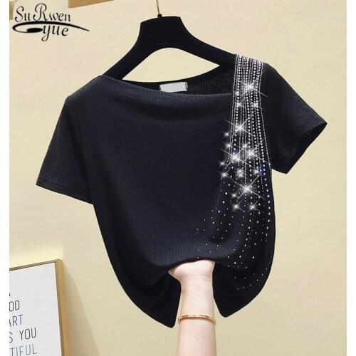 Casual T Shirt for Women Clothing Solid Short Sleeve Tees Tops 2020 Summer Irregular Diamonds Black T-shirt Femme Blusas 10016