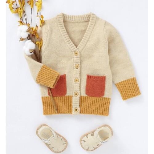 Pudcoco Winter Autumn Baby Fashion Long-sleeved Cardigan Fresh Color Contrast V-neck Single-breasted Knitted Jacket