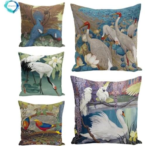 Retro Oil Painting Swan Fairy Crane Polyester Pillow Case Flower Flamingo Decorative Cushion Cover Sofa Chair Home Decor 45X45CM