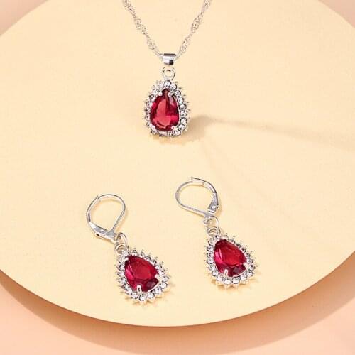 Luxury Water Drop Jewelry Sets For Women Charm Red Crystal Necklace Rhinestone Earrings Female Bridal Wedding Jewelry Gifts