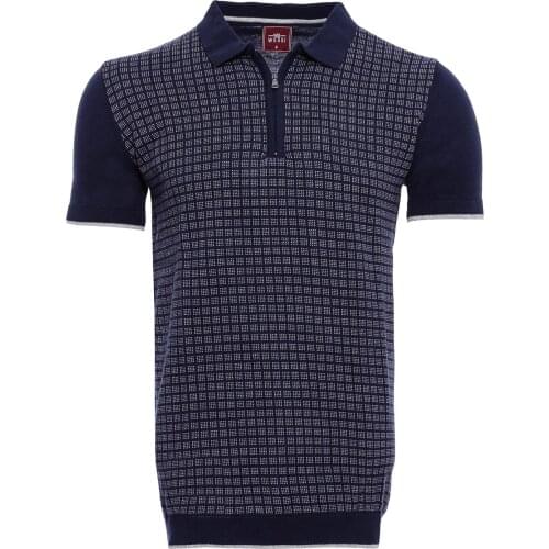 Navy Plaid Zippered Knitted Polo T-Shirt Wessi