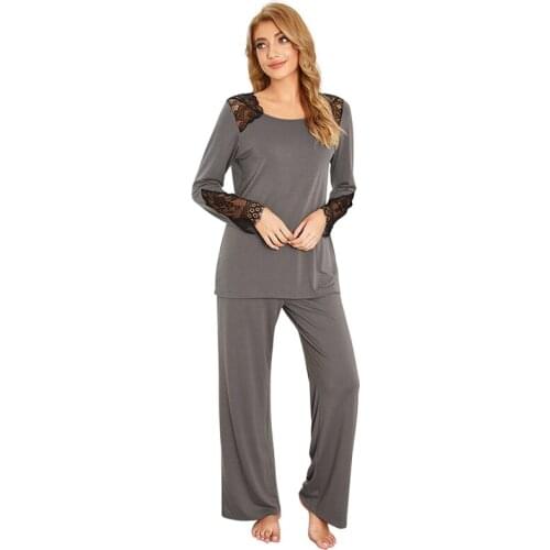 Spring Autumn Ladies Pure Color Lace Patchwork Cotton Long-sleeved Casual Pajamas Suit Home Wear Y1