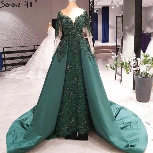 Serene Hill Green Sweetheart Long Sleeves Evening Party Dresses Satin Mermaid Luxury Formal Women Gowns With Train DLA70792