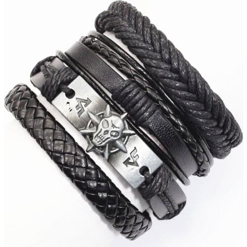 Handmade 4 Pcs/set Woven Vintage Owl Skull Charm Beads Women Leather Bracelets Men Femme Homme Male Jewelry