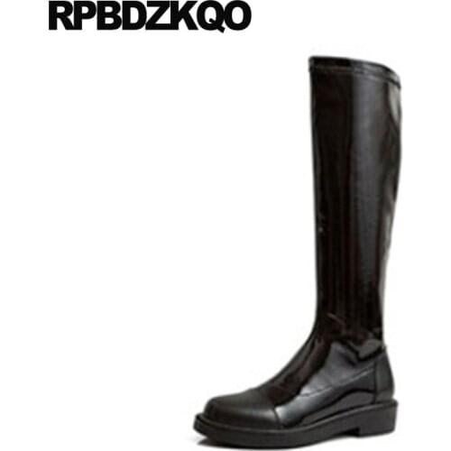 Patent Leather Knee High Long Round Toe Tall Luxury Brand Shoes Women Suede Faux Fur Slip On Handmade Flat Boots Black Wide Calf