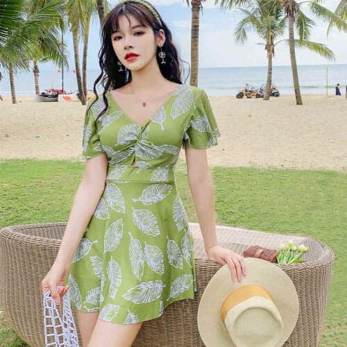 2021 South Korea New Popular Flying Sleeves V-Neck Low-Cut Leaf Print Sexy Hollow Cross Backless Small Fresh Hot Spring Swimwear