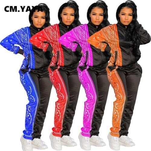 CM.YAYA Bandanna Patchwork Sweatsuit Womens Set Track Jacket Jogger Pants Set Active Tracksuit Two Piece Fitness Outfit Set