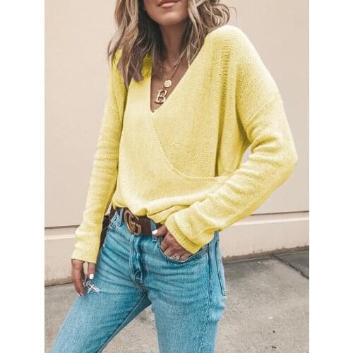 CINESSD Cross V Neck Long Sleeves Knitted Sweaters Pullover Women Autumn Winter Casual Loose Solid Sweater Blue Plus Pullovers