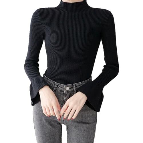 New Autumn Winter Turtleneck Sweater Women Fashion Flare sleeve Solid Knit Pullover Women Slim Jumper Sweater Female Knit Tops