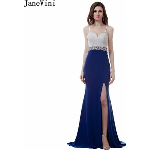 JaneVini Royal Blue Mermaid Long Bridesmaid Dresses Spaghetti Straps Beading Sexy Side Split 2019 Satin Women Formal Prom Gowns