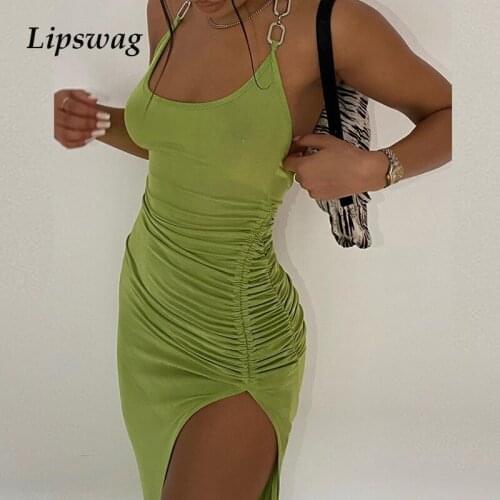 Sexy Halter Bright Silk Shiny Split Dress Women 2020 Spring Solid Backless Bodycon Party Dress Elegant Long Sleeve Midi Dresses