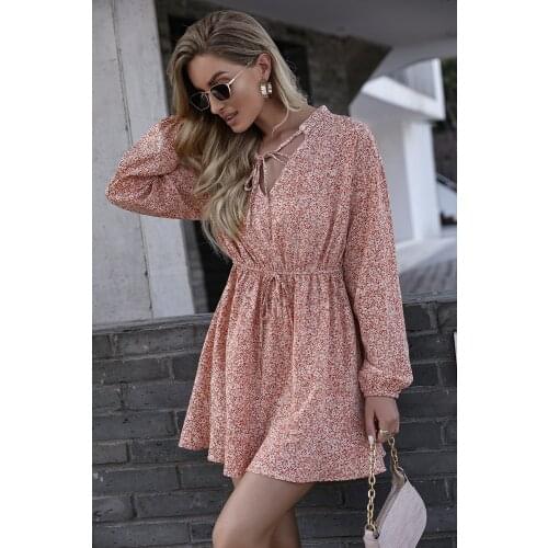 Floral V-neck Tether Mini Dress Long Sleeve Printed Womens Office A Line Dress Spring And Autumn Urban Street Casual Clothes