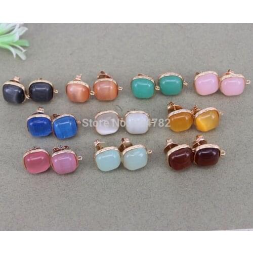 10 Pairs 14mm Square Shape cats eye Post Earring Findings with Loop,Cats eye Stud Earring Supplies