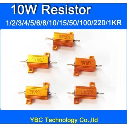 10pcs/lot RX24 10W Watt Power Metal Shell Aluminium Gold Resistor 1R 2R 3R 4R 5R 6R 8R 10R 15R 50R 100R 220R 1K etc