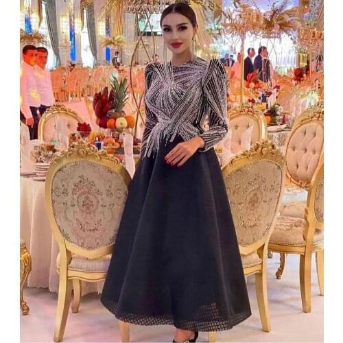 2021 Luxury Crystal Black Wedding Evening Night Dresses Long Sleeves Round Neck Beading Handmade Aline Women Formal Party Gowns