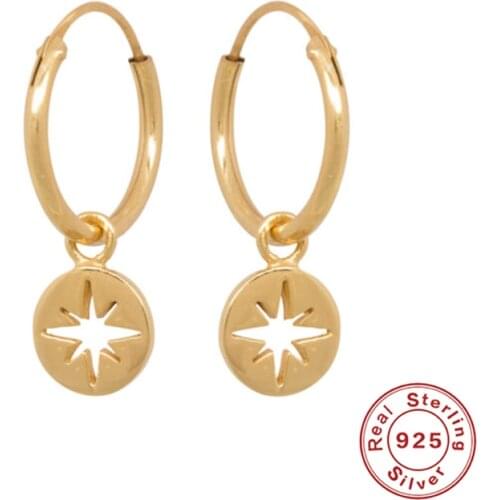 BOAKO Luxury Real 100% 925 Sterling Silver Round Hollow Coin Pendant Hanging Hoop Earrings for Women Punk Fine Jewelry Gift