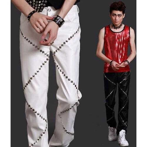 Stage black white rivets fashion personality slim mens leather pants motorcycle pant men feet trousers singer dance rock fashion